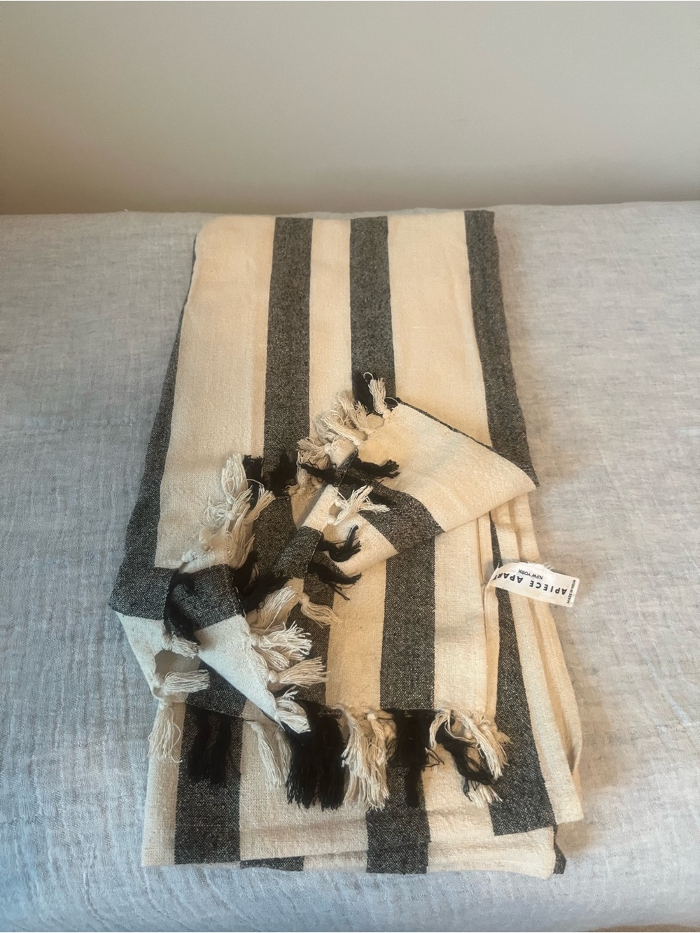 A Piece Apart - Striped Fringe Throw Blanket in Cream and Charcoal